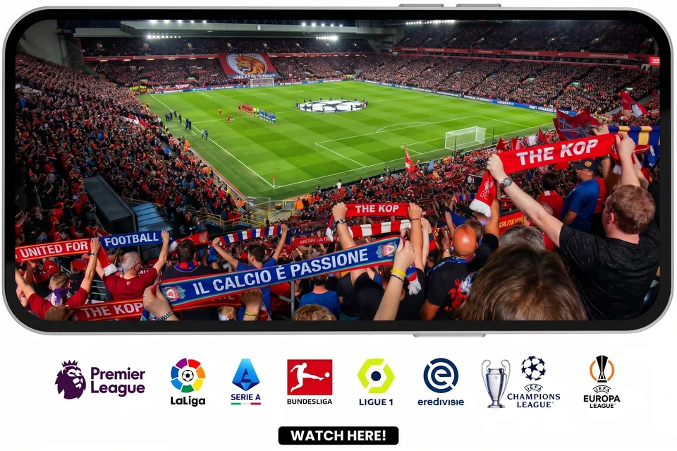 Football on a phone: a packed stadium on the screen, with the Premier League, LaLiga, Serie A, Bundesliga, Ligue 1, Eredivisie, Champions League and Europa League marks beneath it